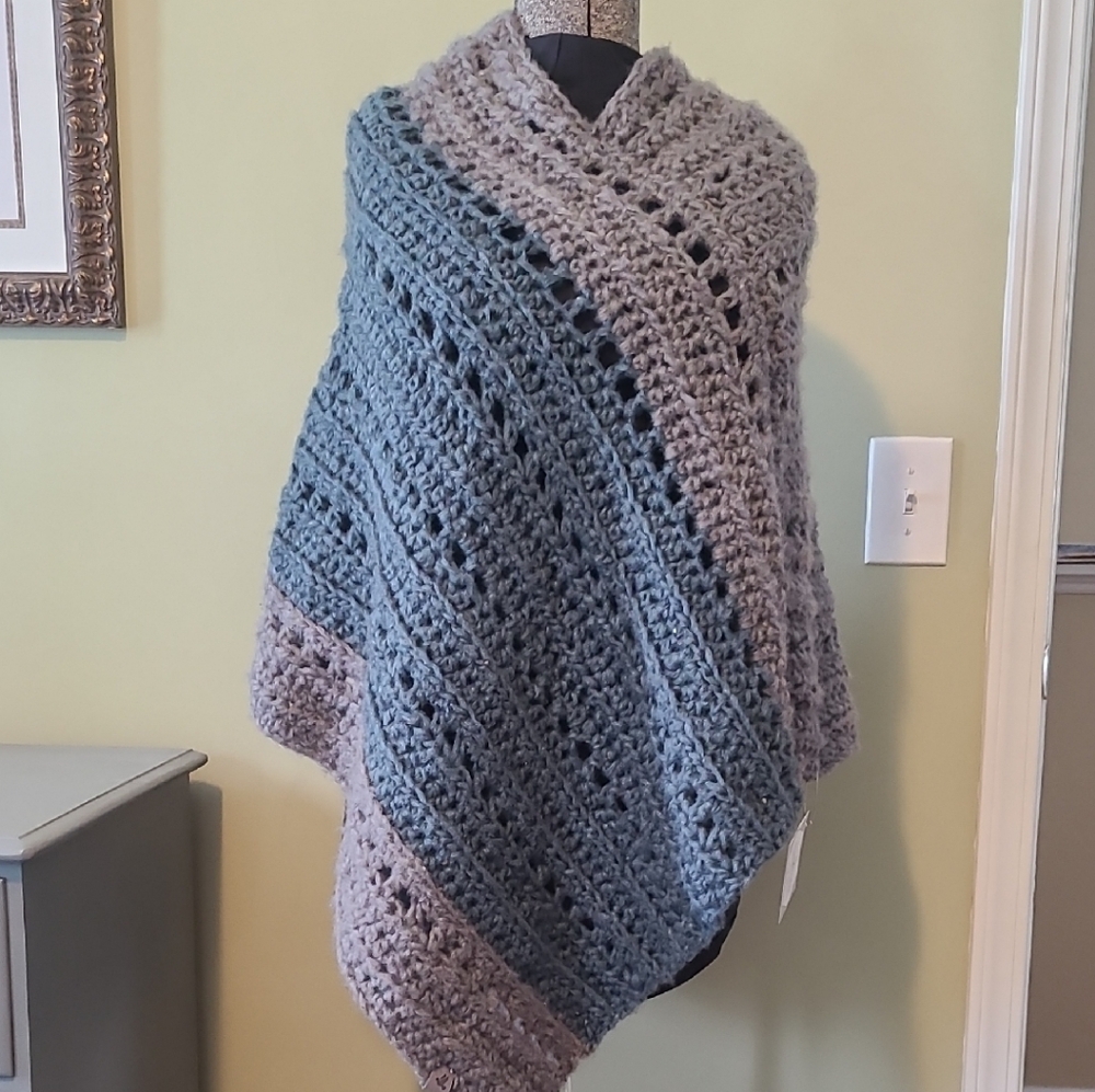 Cozy Gray and Blue Knit Shawl